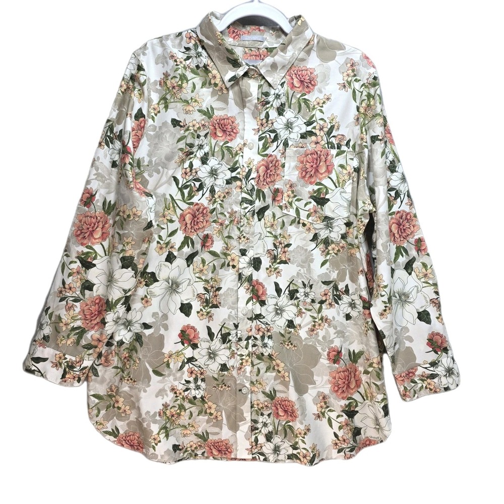 Chicos No Iron Stretch Floral Button Top Womens 16 XL Long Sleeve‎ Mature Office